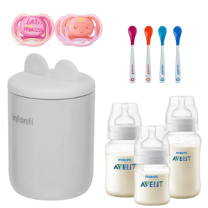 Set Bebé Calentador Milan, 3 Mamaderas Avent, 2 Chupetes rosa decordados y 4 Cucharas