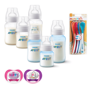 Set 6 Mamaderas Bicolor Blanco y Celeste, Cucharas termosensibles y 2 Chupetes 6-18meses