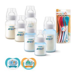 Set 6 Mamaderas Bicolor Blanco y Celeste, Cucharas termosensibles y 2 Chupetes 6-18meses