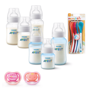 Set 6 Mamaderas Bicolor Blanco y Celeste, Cucharas termosensibles y 2 Chupetes 6-18meses