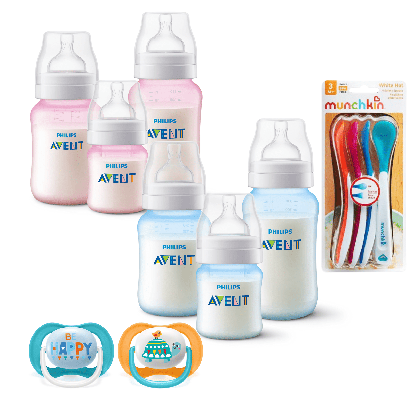 Set 6 Mamaderas Bicolor Azul y Rosa, Cucharas termosensibles y 2 Chupetes 6-18meses