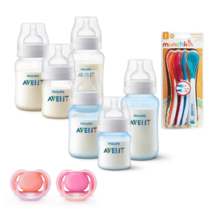 Set 6 Mamaderas Bicolor Blanco y Celeste, Cucharas termosensibles y 2 Chupetes 6-18meses