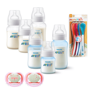 Set 6 Mamaderas Bicolor Blanco y Celeste, Cucharas termosensibles y 2 Chupetes 6-18meses