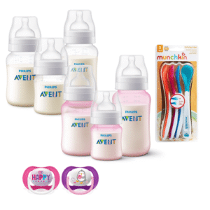 Set 6 Mamaderas Bicolor Blanco y Celeste, Cucharas termosensibles y 2 Chupetes 6-18meses