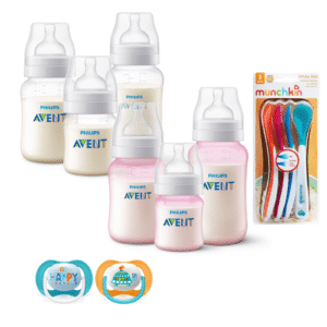 Set 6 Mamaderas Bicolor Blanco y Rosa, Cucharas termosensibles y 2 Chupetes 6-18meses