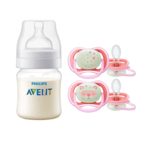 Pack Mamadera Anticolic 125 ml + 2 Chupetes 6-18m Nocturnos Pink