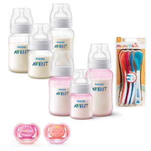 Set 6 Mamaderas Bicolor Blanco y Rosa, Cucharas termosensibles y 2 Chupetes 6-18meses