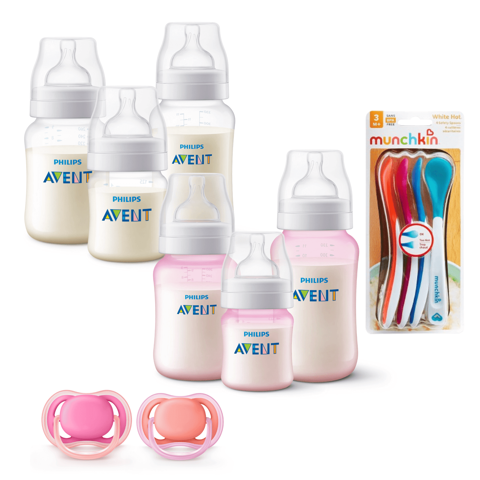 Set 6 Mamaderas Bicolor Blanco y Rosa, Cucharas termosensibles y 2 Chupetes 6-18meses