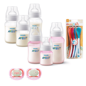 Set 6 Mamaderas Bicolor Blanco y Rosa, Cucharas termosensibles y 2 Chupetes 6-18meses