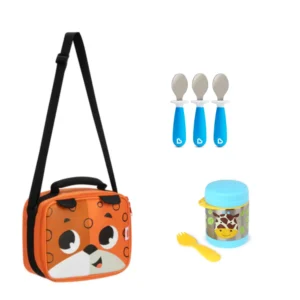 Pack Escolar Animales Lonchera León + Termo Jirafa y 3 cucharas Azules