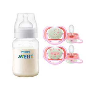 Pack Mamadera Anticolic 260 ml + 2 Chupetes 6-18m Nocturnos Pink