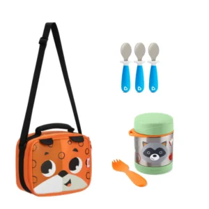 Pack Escolar Animales Lonchera León + Termo Mapache y 3 cucharas azules