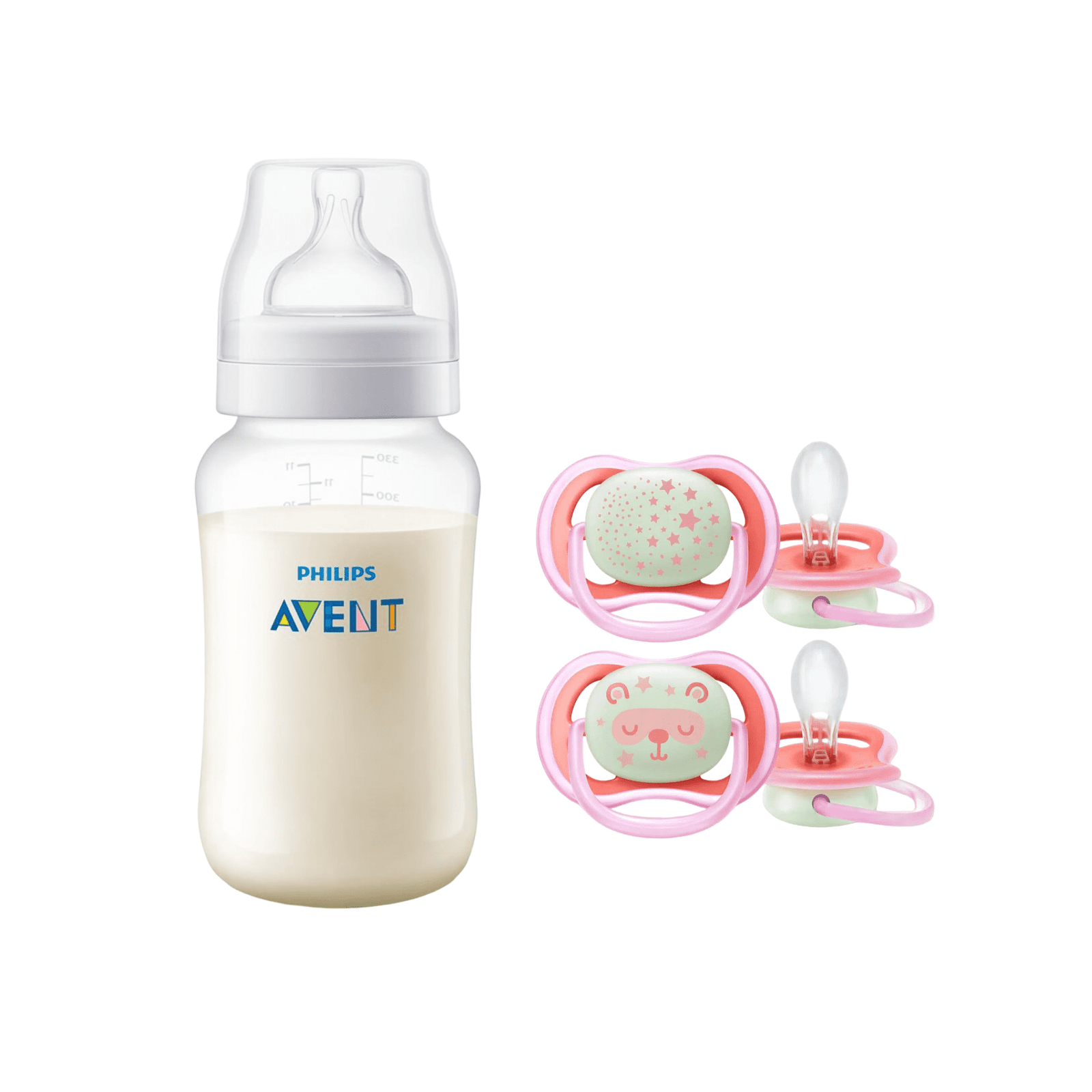 Mamadera Anticolic 330 ml + 2 Chupetes 6-18m Nocturnos Pink