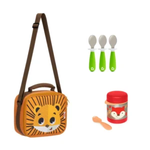 Pack Escolar Animales Lonchera Jaguar + Termo Zorro y 3 cucharas verdes