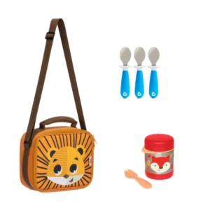 Pack Escolar Animales Lonchera Jaguar + Termo Zorro y 3 cucharas azules