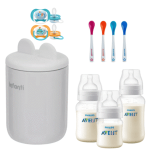 Set Bebé Calentador Milan, 3 Mamaderas Avent, 2 Chupetes Pinguinos y 4 Cucharas