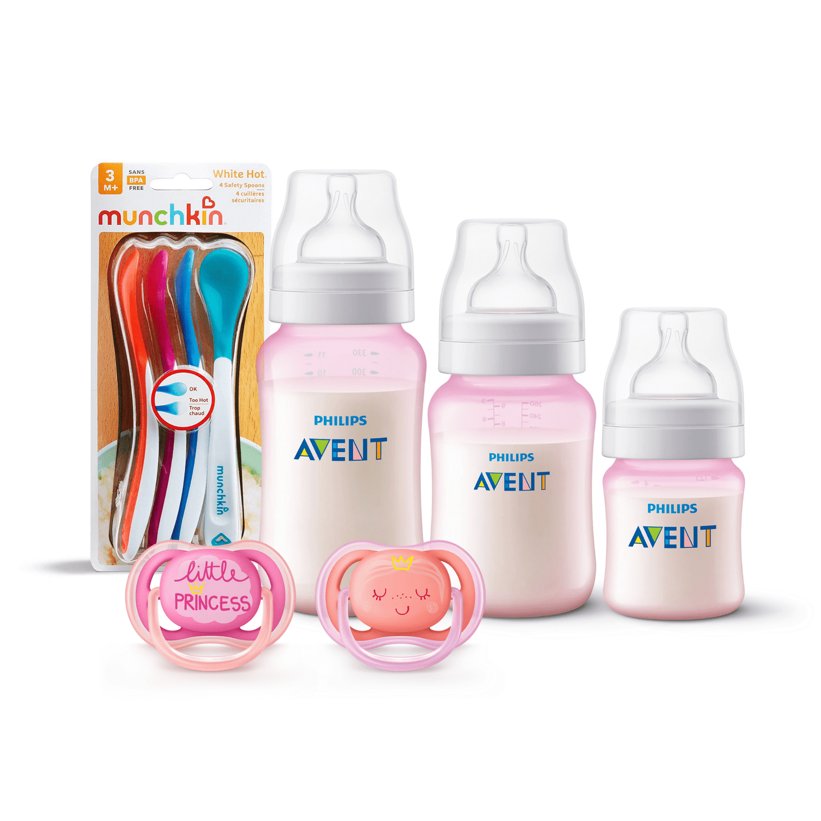 3 Mamaderas Blue + Set de 2 chupetes Pink decorado 6-18 meses y 4 Cucharas