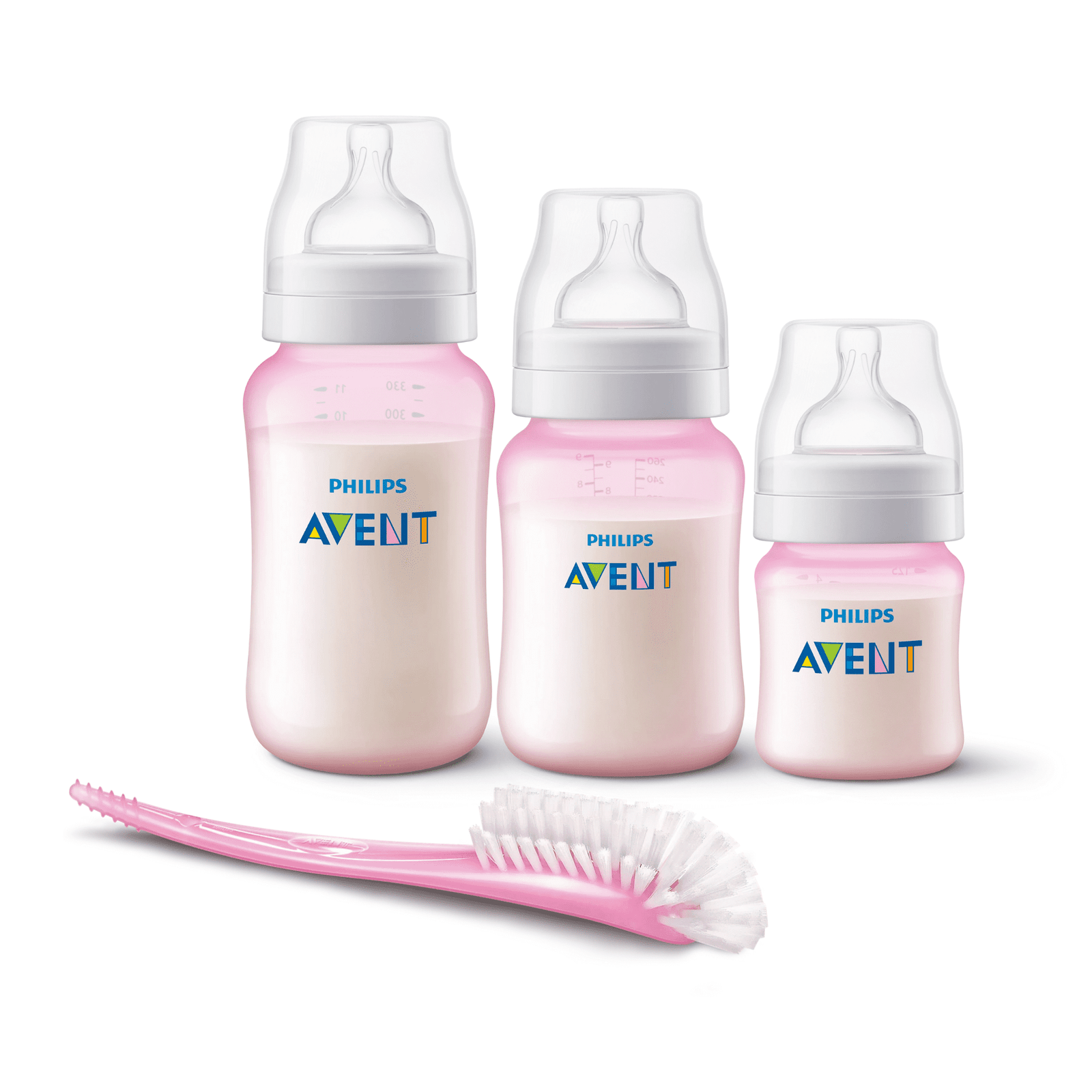 Set 3 Mamaderas Anticolic Pink + Cepillo Limpiador Pink