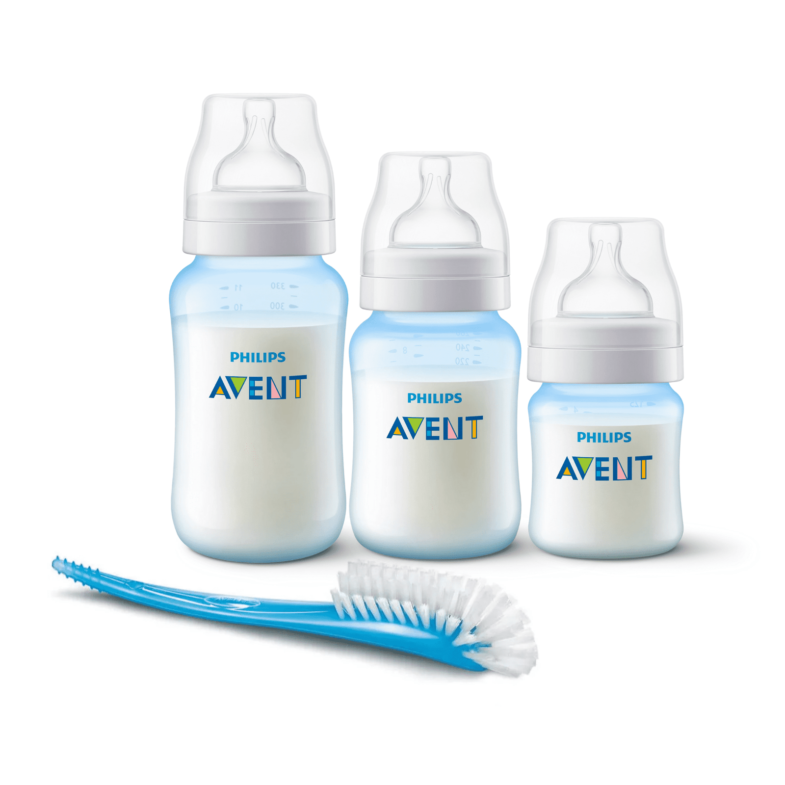 Set 3 Mamaderas Anticolic Blue + Cepillo Limpiador Blue