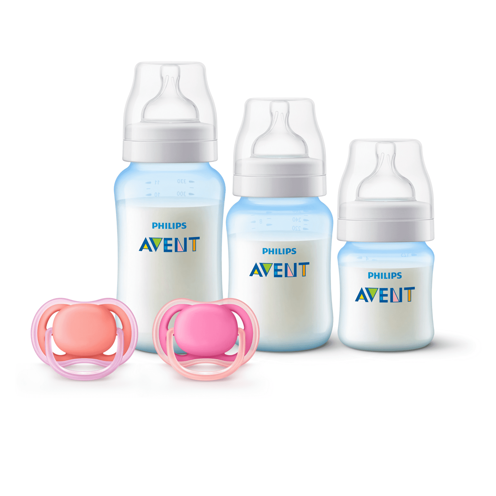 Set 3 Mamaderas Blue + Set de 2 chupetes 6-18 meses Pink