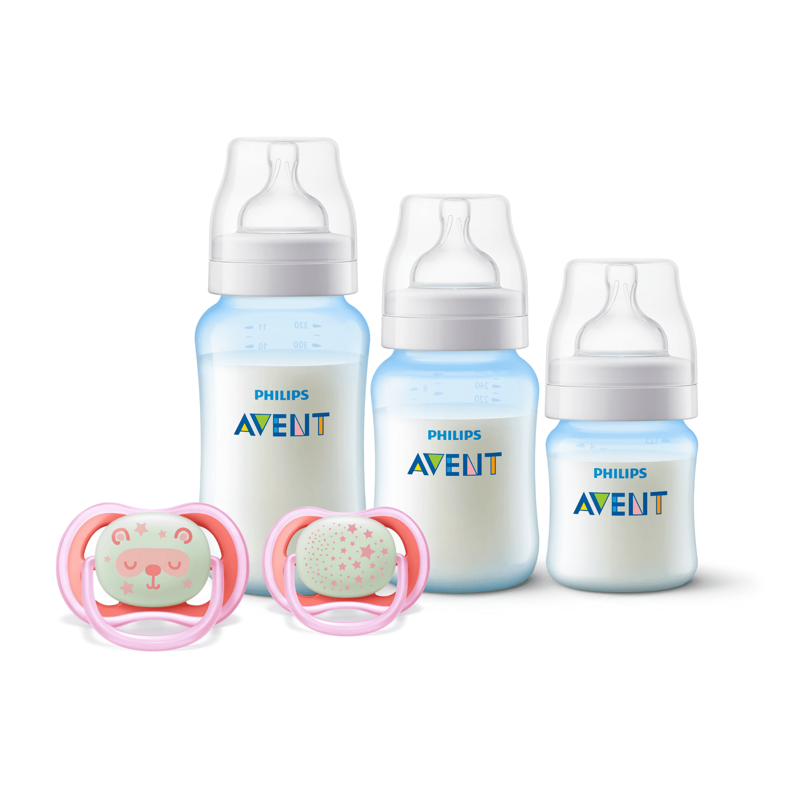 Set 3 Mamaderas Blue + Set de 2 chupetes 6-18 meses Nocturnos