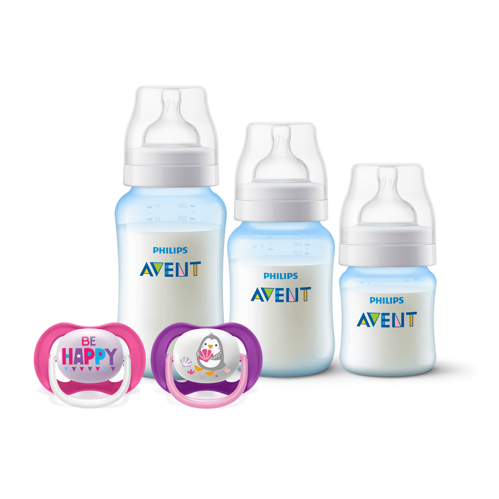 Set 3 Mamaderas Blue + Set de 2 chupetes 6-18 meses PingÜino