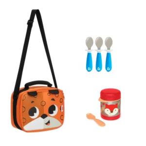 Pack Escolar Animales Lonchera León + Termo Zorro y 3 cucharas Azules