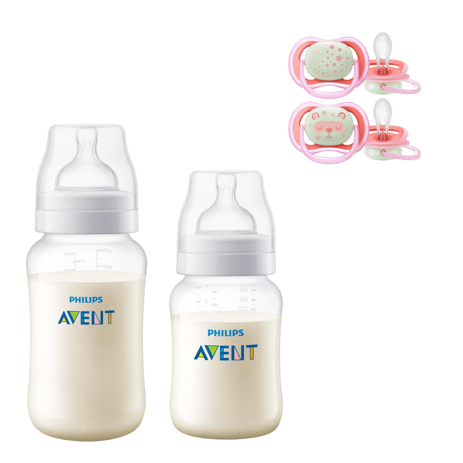 Mamaderas Anticolic 260 y 330 ml + 2 Chupetes 6-18m Nocturnos