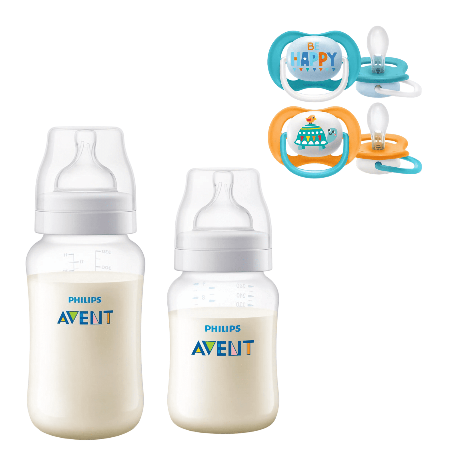 Mamaderas Anticolic 260 y 330 ml + 2 Chupetes 6-18m Tortuga