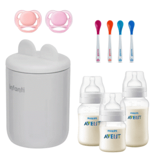 Set Bebé Calentador Milan, 3 Mamaderas Avent, 2 Chupetes rosa y 4 Cucharas