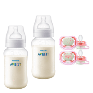 Pack 2 Mamaderas Anticolic 330 ml + 2 Chupetes 6-18m Nocturnos