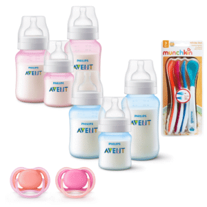 Set 6 Mamaderas Bicolor Azul y Rosa, Cucharas termosensibles y 2 Chupetes 6-18meses