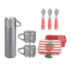 Set super lonchera + termo con 3 tasas gris + 3 cucharas