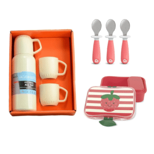 Set super lonchera Tupper + termo con 3 tasas Blancas + 3 cucharas